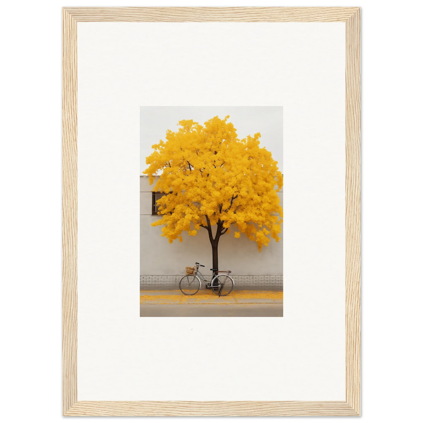 Framed wall art of a bicycle under a yellow-leafed tree in Lemonade Gaze Reverie