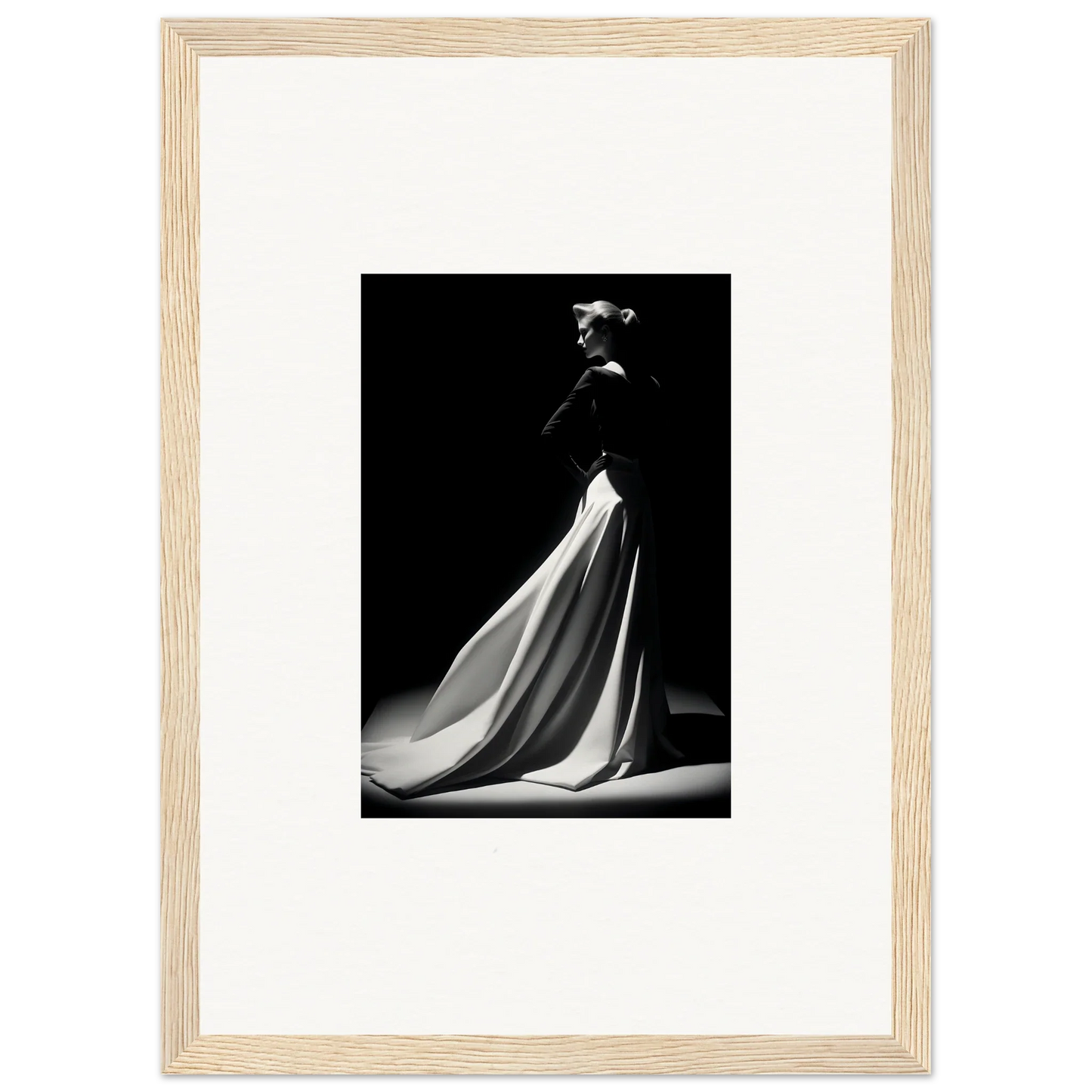 Dramatic black and white gown profile in Veiled Monochrome Journey framed wall art