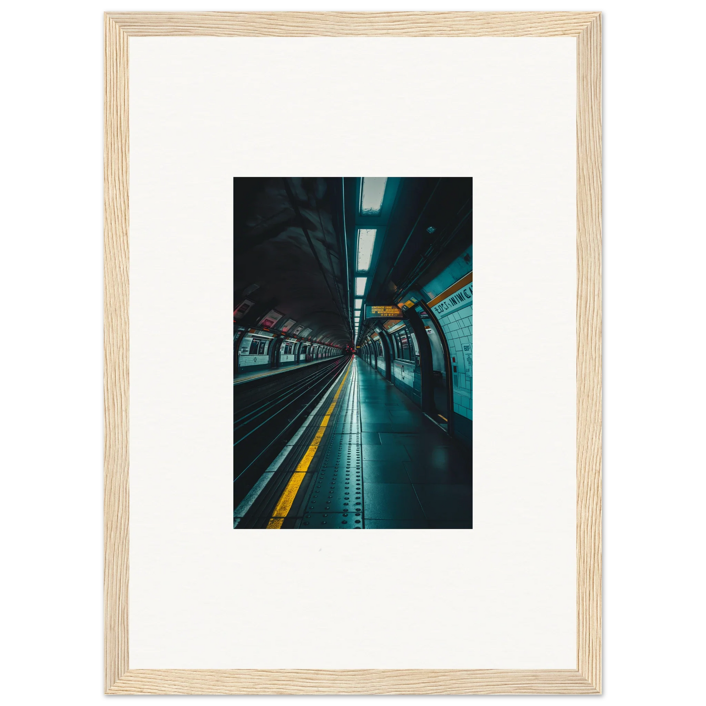 Framed photograph of a turquoise-lit subway platform for Portal Echo Anatomy art