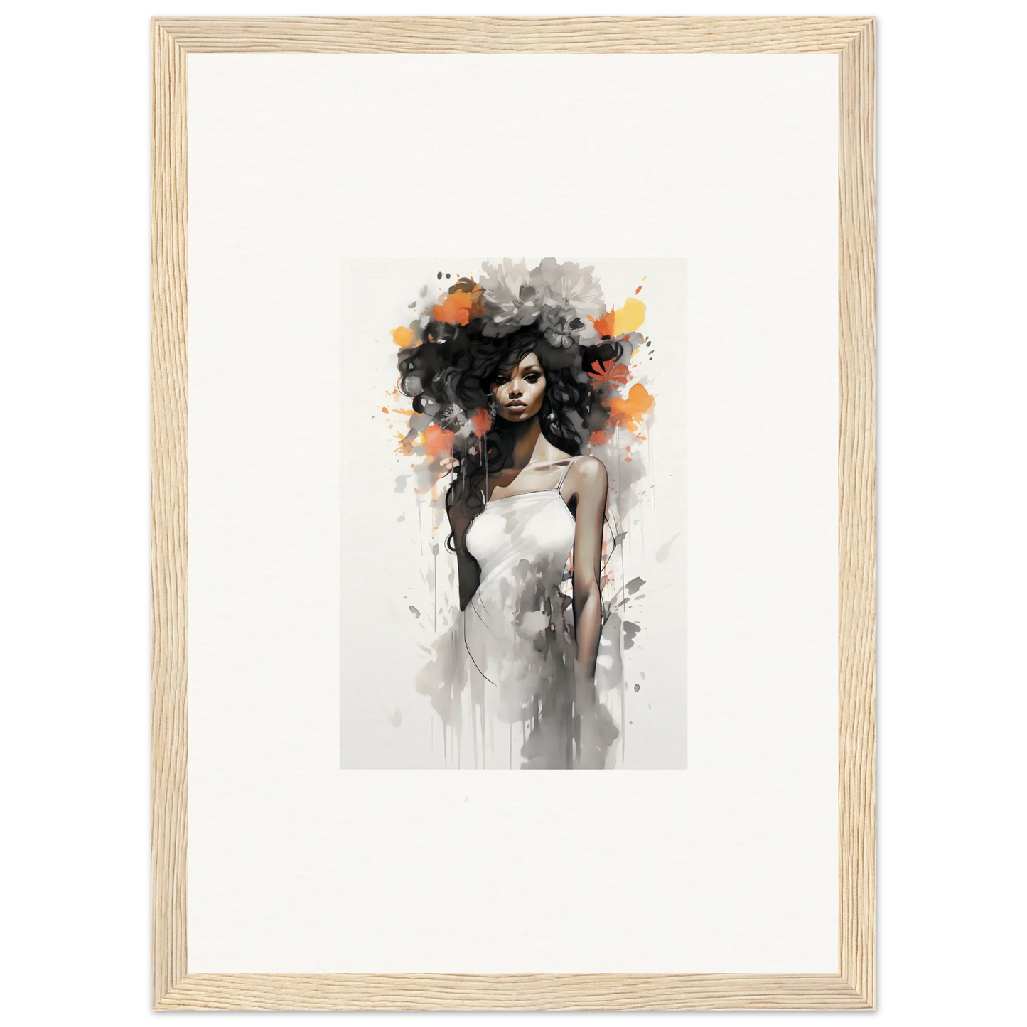 Artistic watercolor portrait with flowing dark hair in Ethereal Echoes Blossoms art