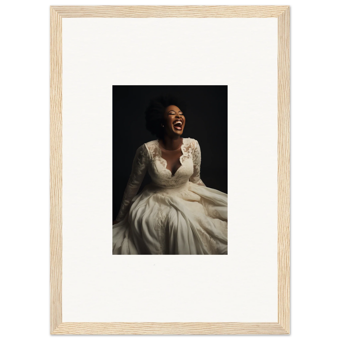 Joyful portrait in premium framed wall art featuring a bride in a white lace dress