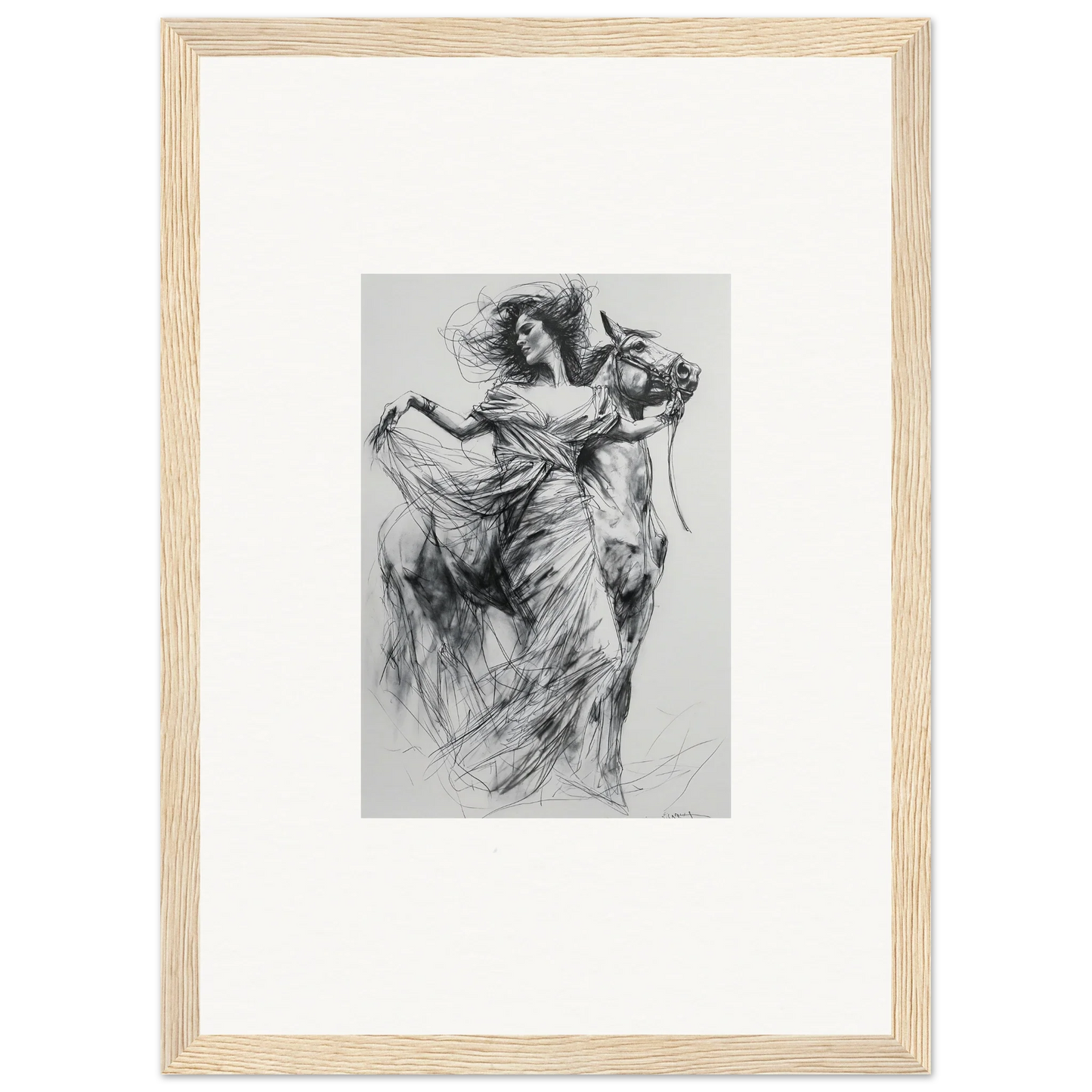 Charcoal sketch of a graceful figure in motion for Equestrian Ether Euphoria framed wall art