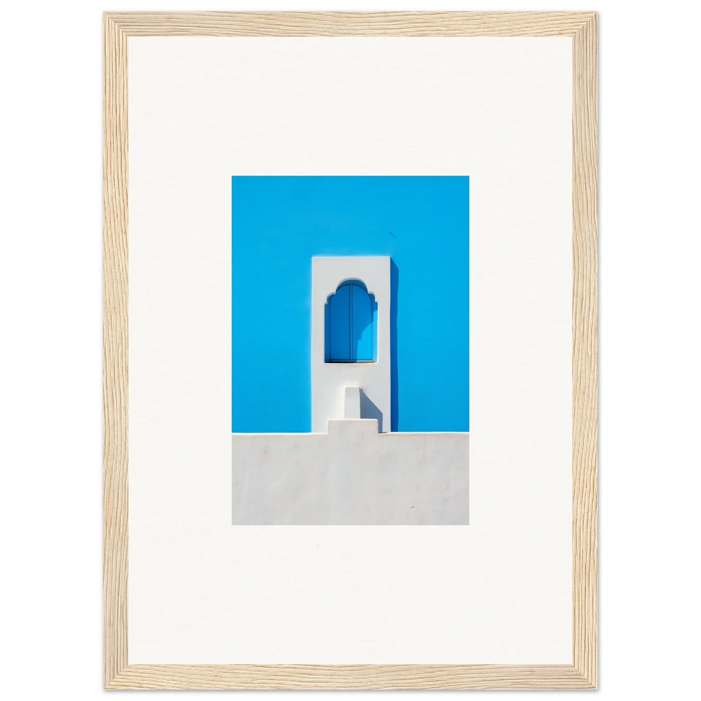 Light wooden frame with minimalist blue and white doorway art from Oikos Cerulean Aperturearches