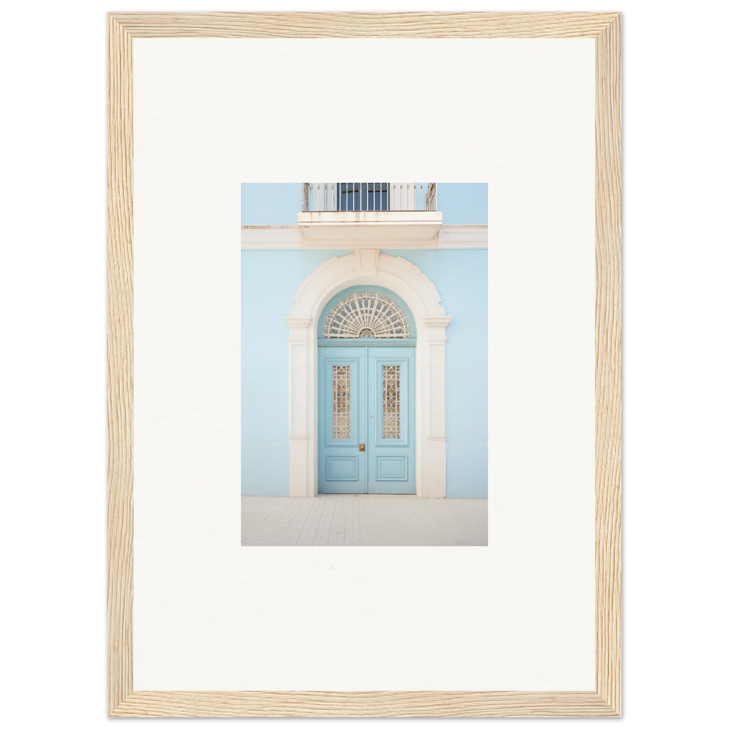 Light blue arched door with glass panels in Delphinium Dream Portal framed wall art