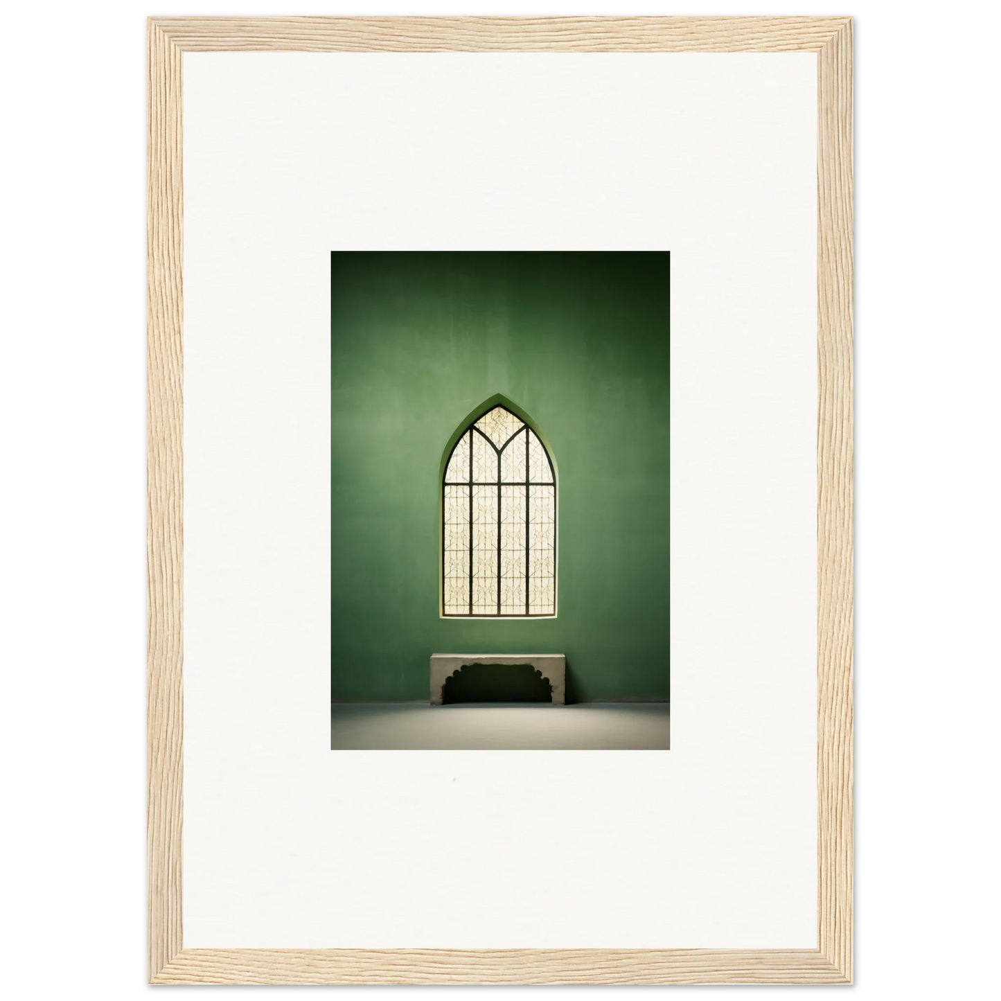 Gothic arched window with geometric panes above a bench in Evermind Greenthaum