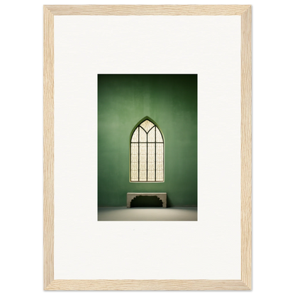 Gothic arched window with geometric panes above a bench in Evermind Greenthaum