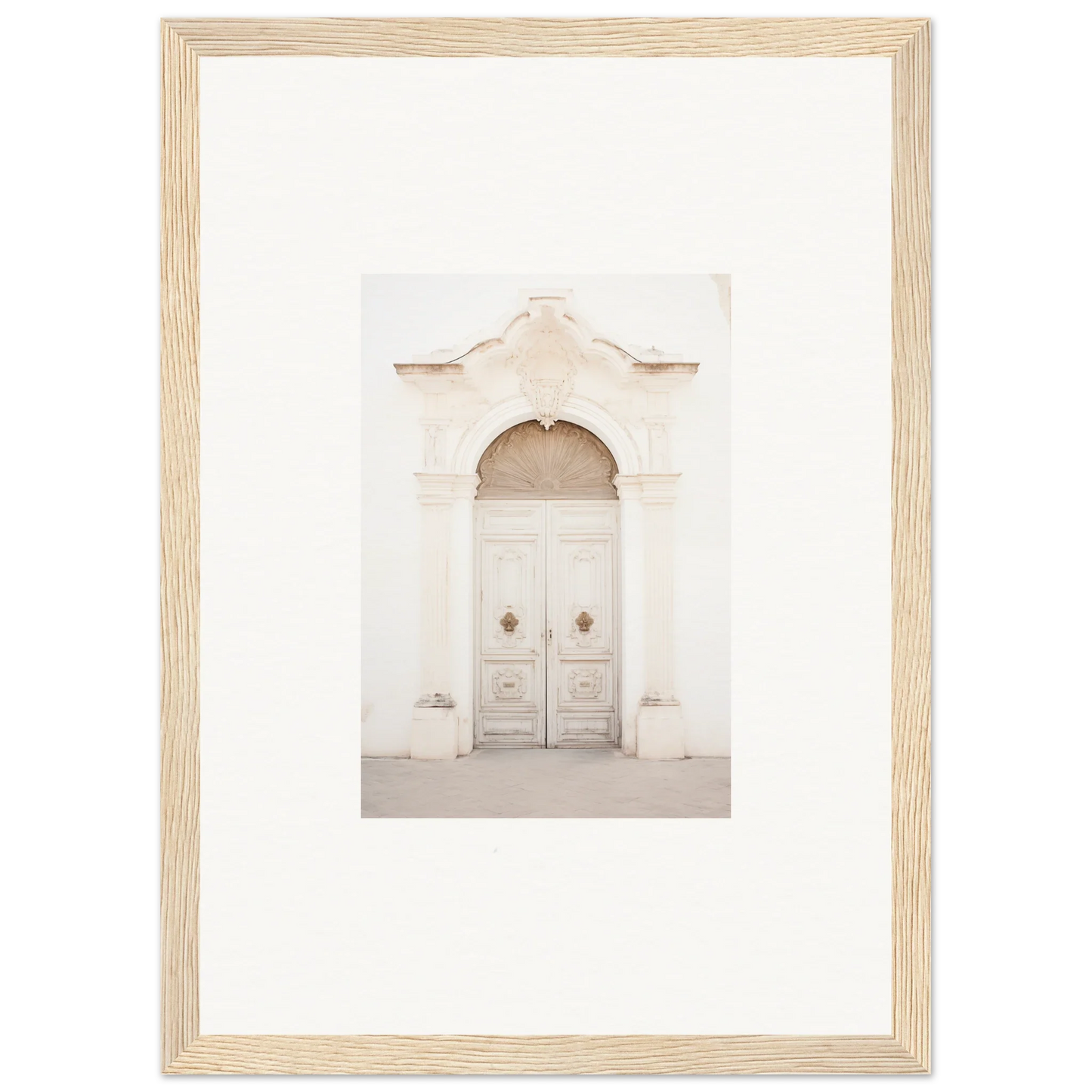 White ornate double door with archway in Faded Elegance Whispers framed wall art