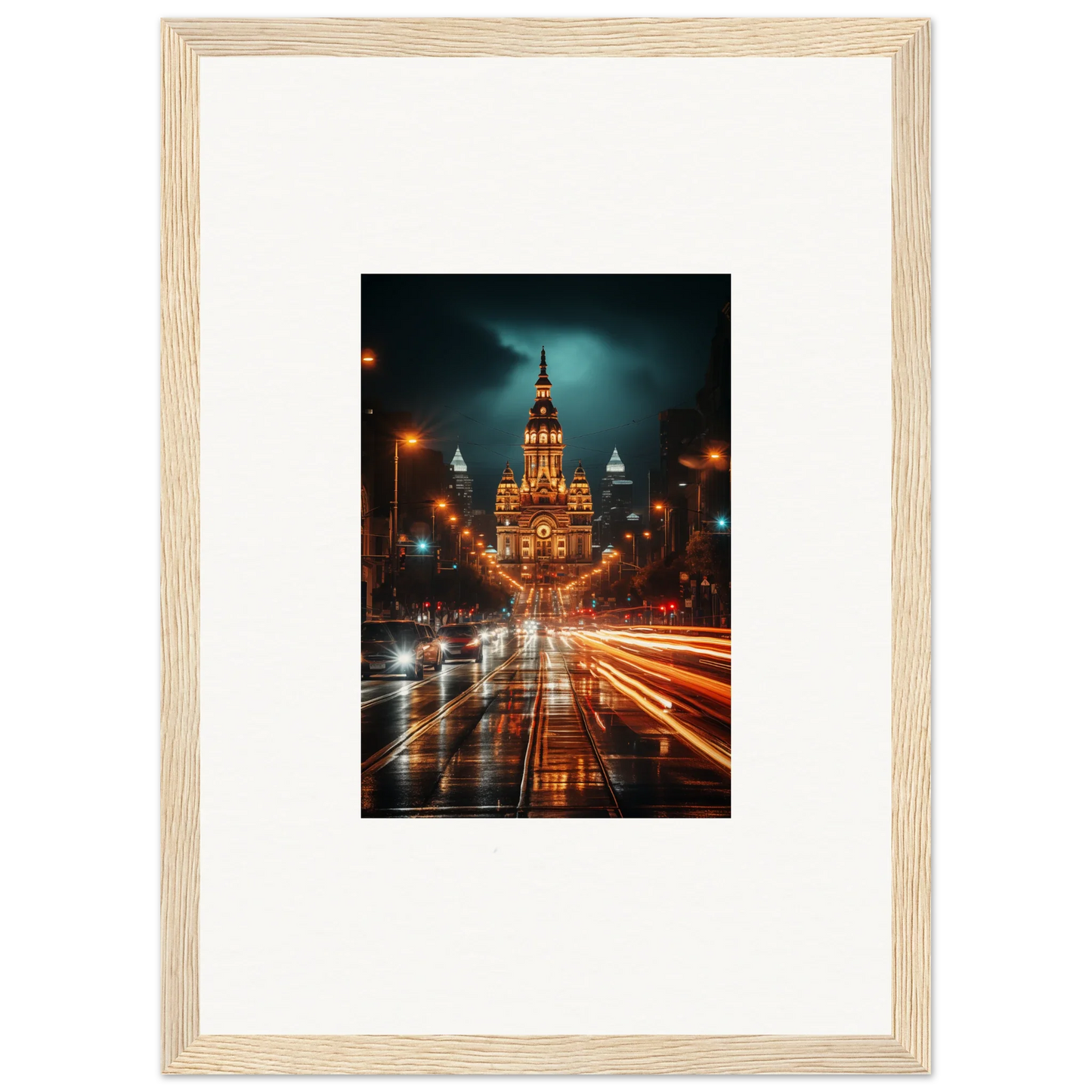 Illuminated Gothic building with light trails on rainy night for Radiant Urban Reverie