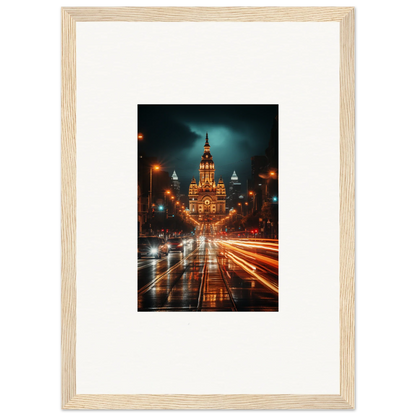 Illuminated Gothic building with light trails on rainy night for Radiant Urban Reverie