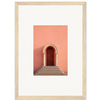 Arched wooden door on stone steps, perfect for an Ethereal Sunset Gateway vibe