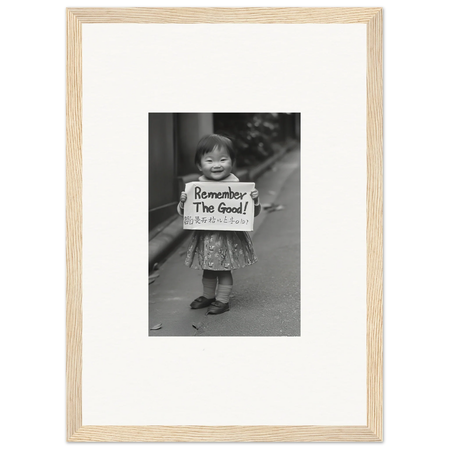 Framed black and white photo of a child holding a Remember The Good sign in Whimsy Echo Memory