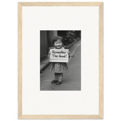 Framed black and white photo of a child holding a Remember The Good sign in Whimsy Echo Memory