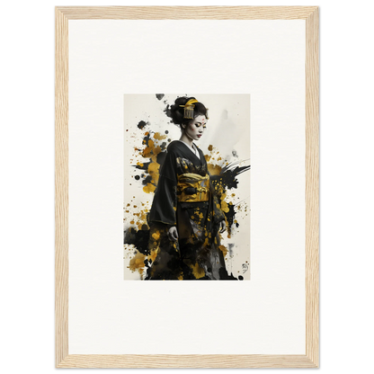 Framed portrait of a geisha in kimono with gold splatter in Eclipsed Ukiyo Symphony