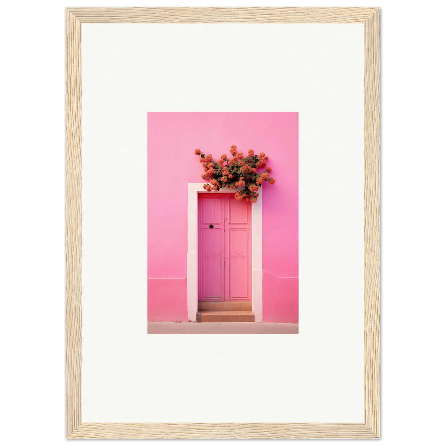 Pink door framed by vibrant red flowers in Quantum Pink Serenade special edition art™