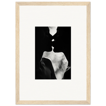 Black and white silhouettes about to kiss in Shadowy Dawn Nuance framed wall art