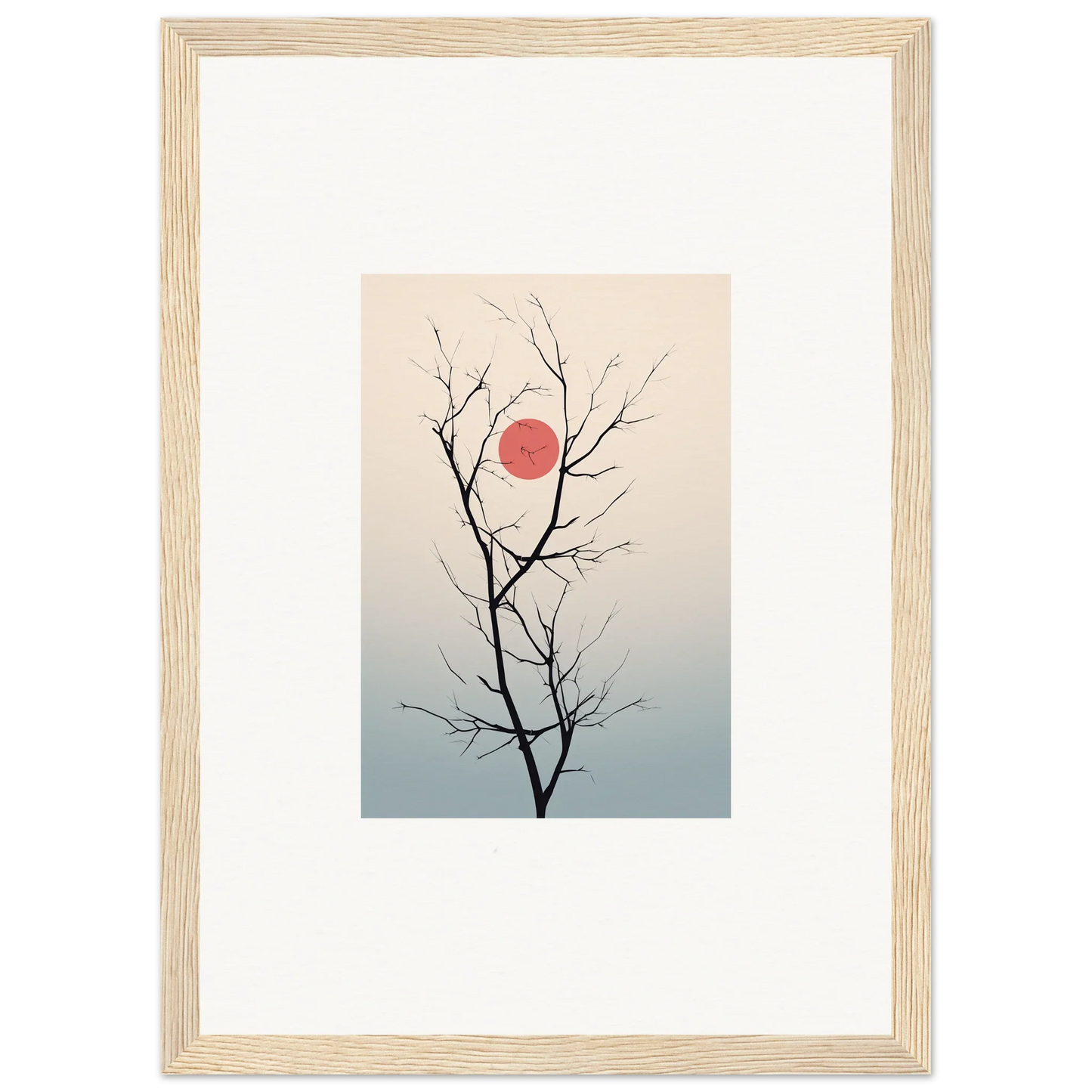 Bare tree branches silhouetted by a red sun in Serene Eclipse wall art for room decoration