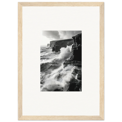 Black and white photo of waves crashing on cliffs from the Tempestuous Rock Ballet special edition art™