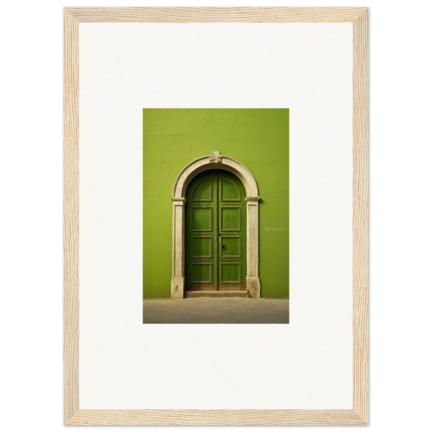 Arched green wooden door with stone trim in Vert Barcode Reverie special edition art™