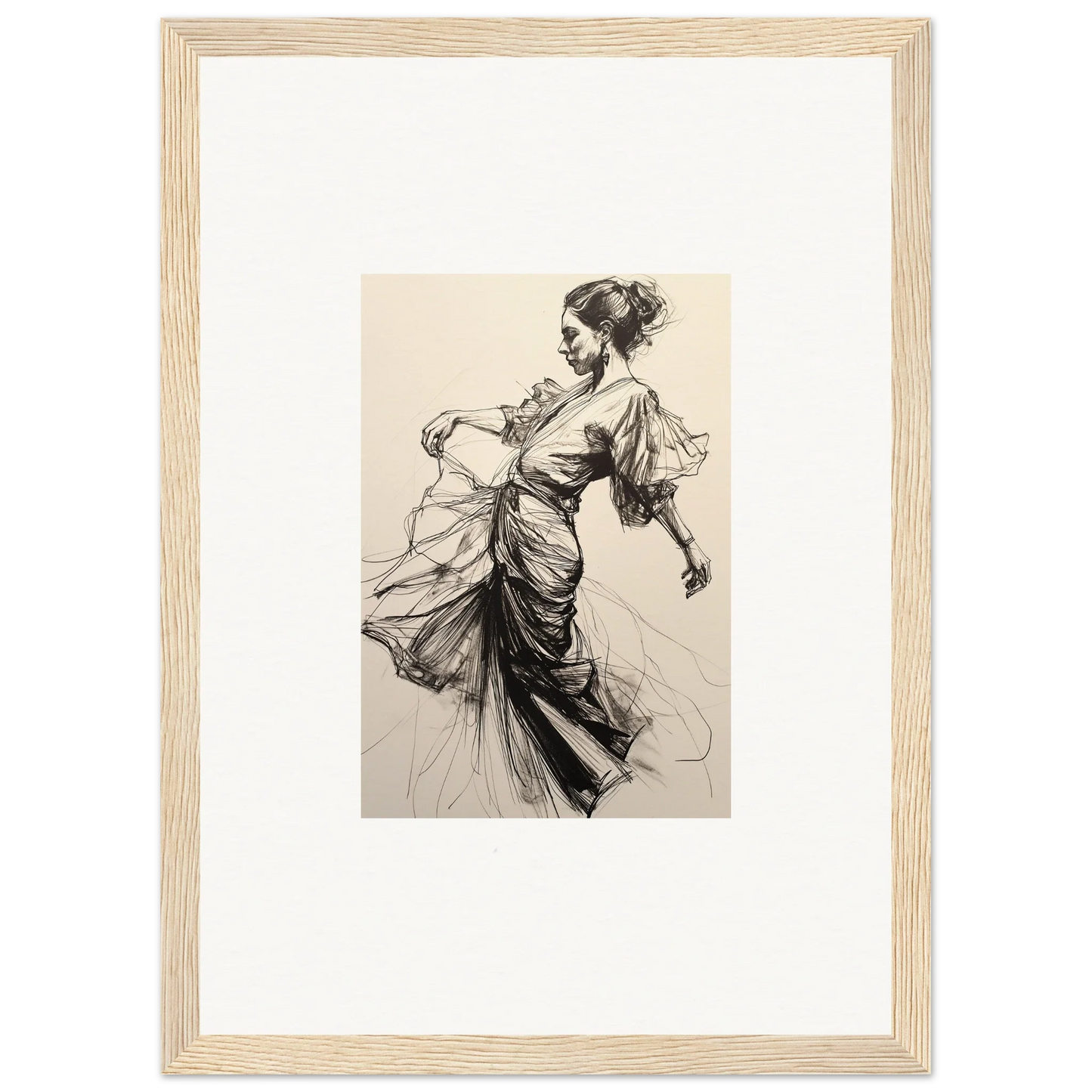 Elegant black and white sketch of a woman in flowing dress for Midnight Dance Whispers