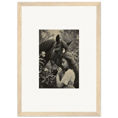 Black and white canvas print of a young girl hugging a horse for wall art or room decoration