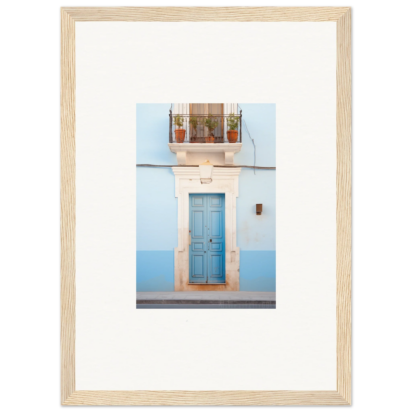 Light wooden frame with Ethereal Azul Entrance photo of a blue door and balcony