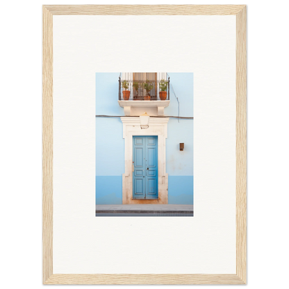 Light wooden frame with Ethereal Azul Entrance photo of a blue door and balcony