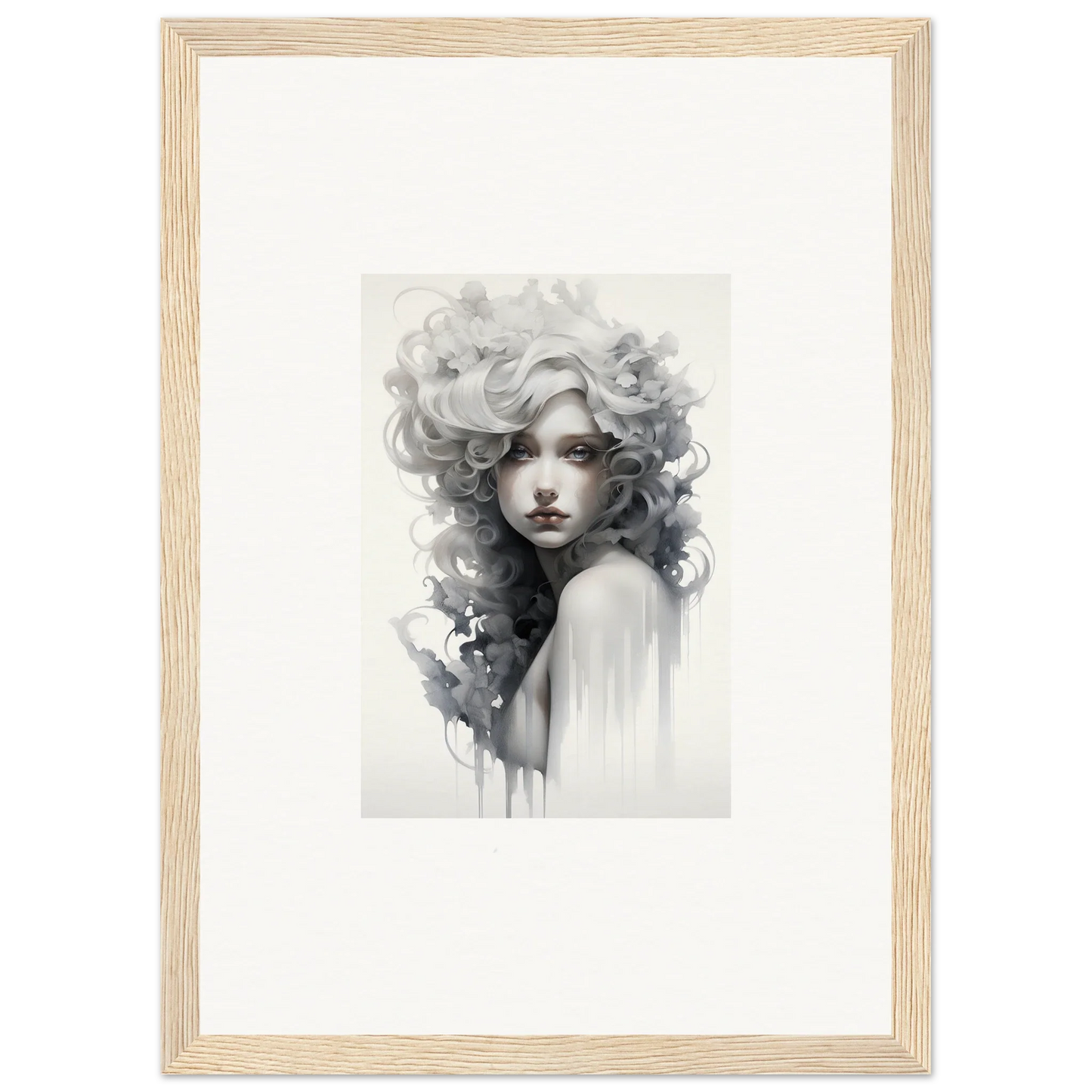 Black and white watercolor portrait in a light wood frame from Visions Veil Morphling