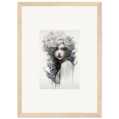 Black and white watercolor portrait in a light wood frame from Visions Veil Morphling