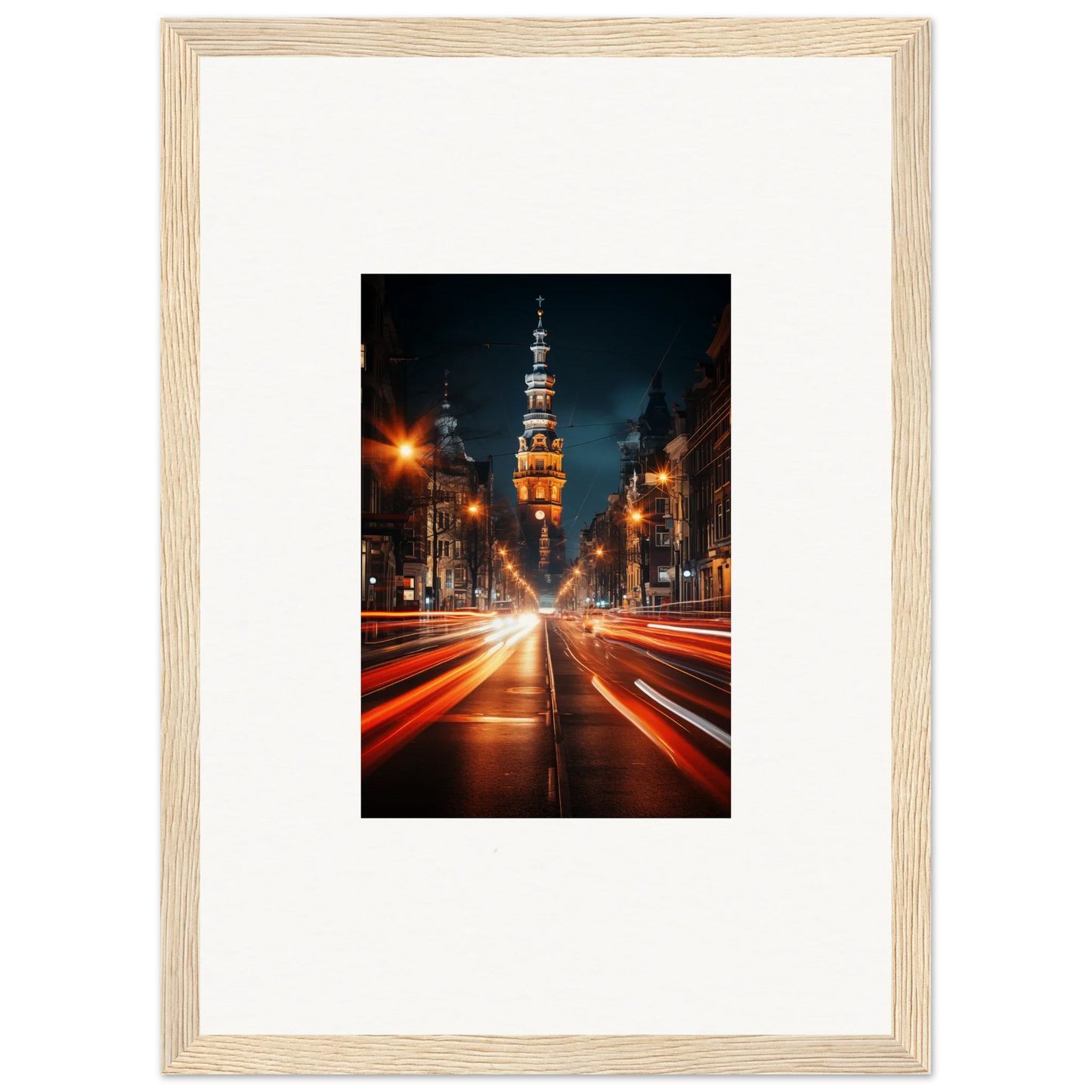 Light trails lead to an illuminated church tower in Umbra Urban Nocturne special edition art™