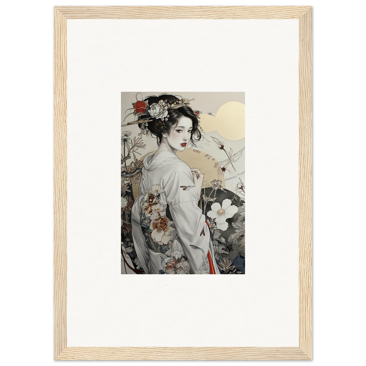 Framed Japanese artwork of a geisha in kimono for Daydream Blossom Wistitudes