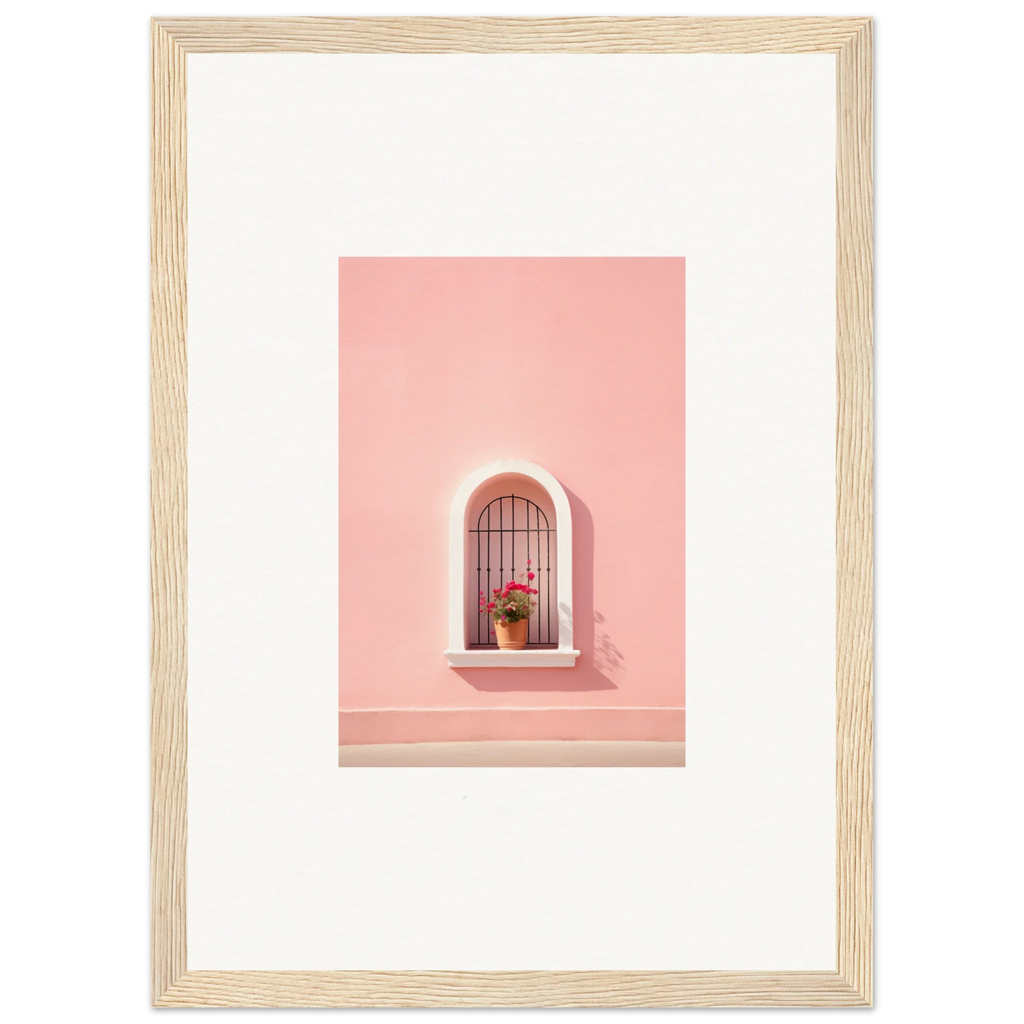 Arched window with decorative bars and potted plant on pink wall in Sunset Silhouette Romance