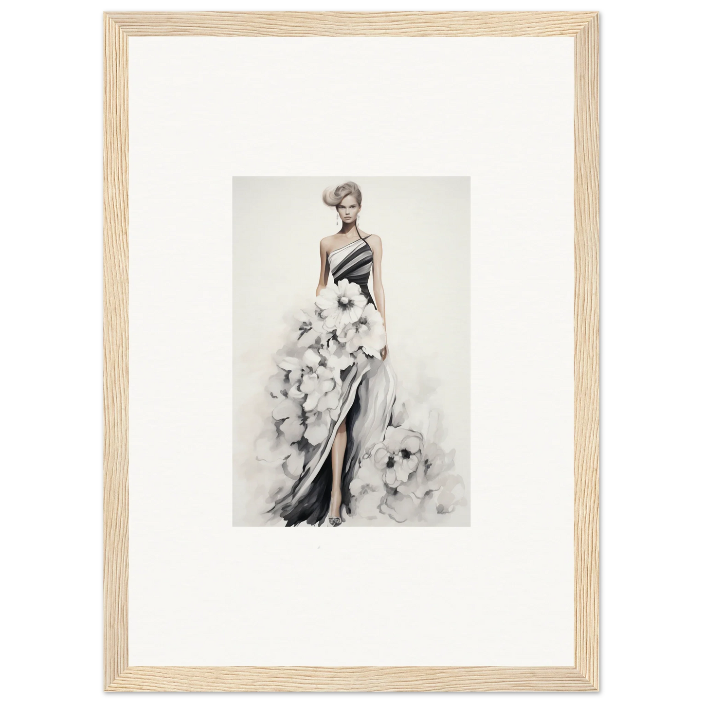 Fashion illustration of an elegant black and white gown from Dreamy Blossom Mirage special edition art™