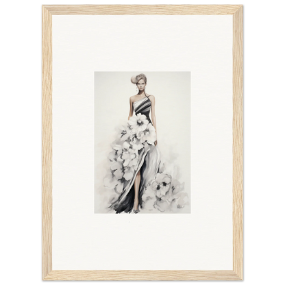 Fashion illustration of an elegant black and white gown from Dreamy Blossom Mirage special edition art™