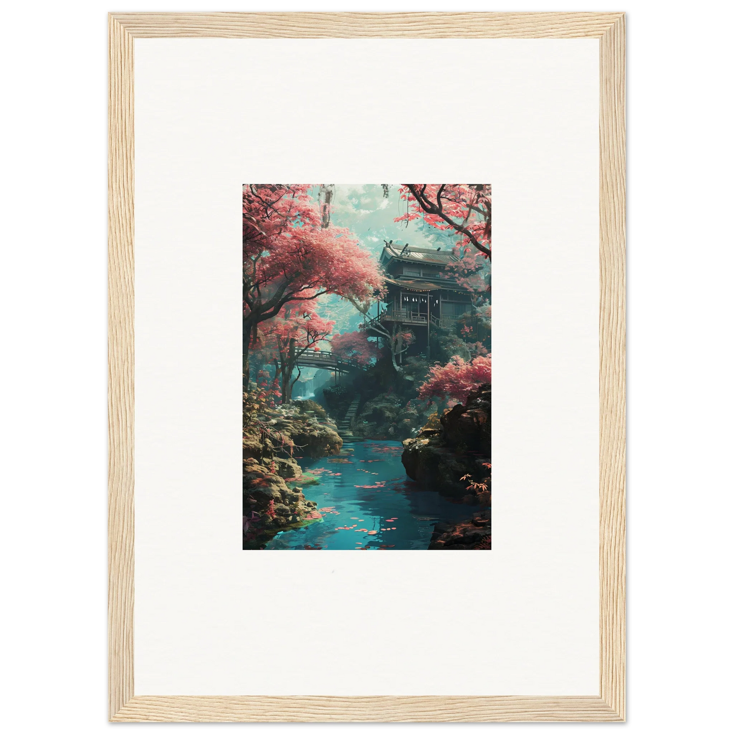 Framed wall art of a Japanese pagoda with cherry blossoms in Magenta Spirals Oscillate