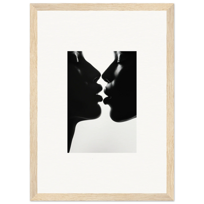 Black and white silhouette of two profiles kissing for Luminous Midnight Kiss framed wall art