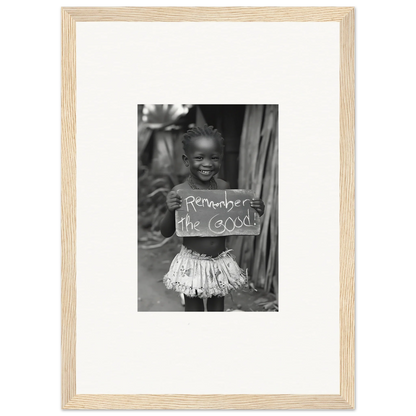 Black and white framed wall art of a child with a sign from Chromatic Joy Ancients