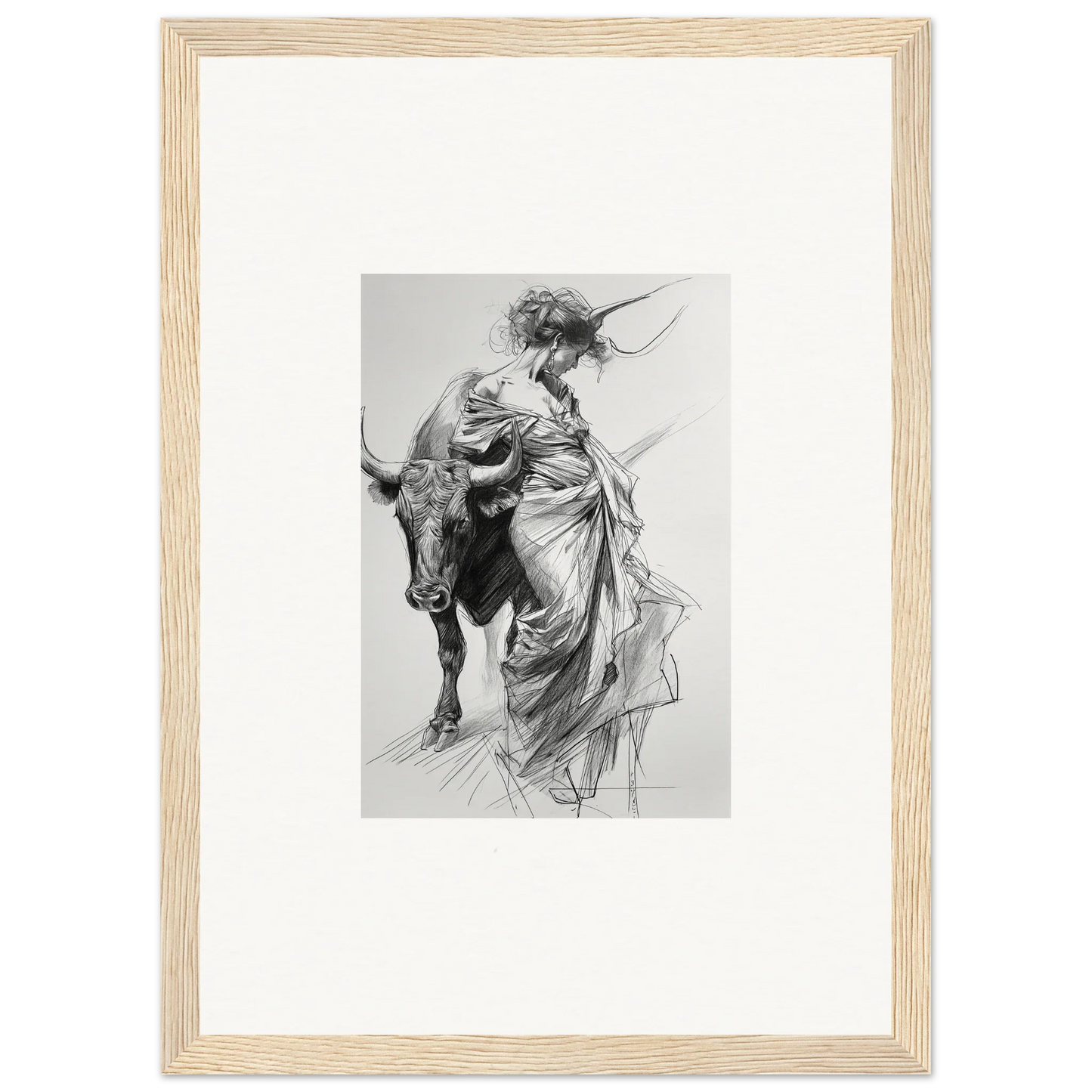 Black and white sketch of a figure in flowing robes with a bull for Dancing Flamenco special edition art™