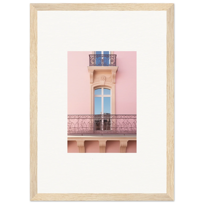 Framed wall art of a pink building’s ornate balcony with dusky dream balustrade