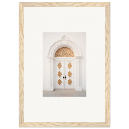 Elegant white double door with gold patterns in Gilded Mirage Passage framed wall art