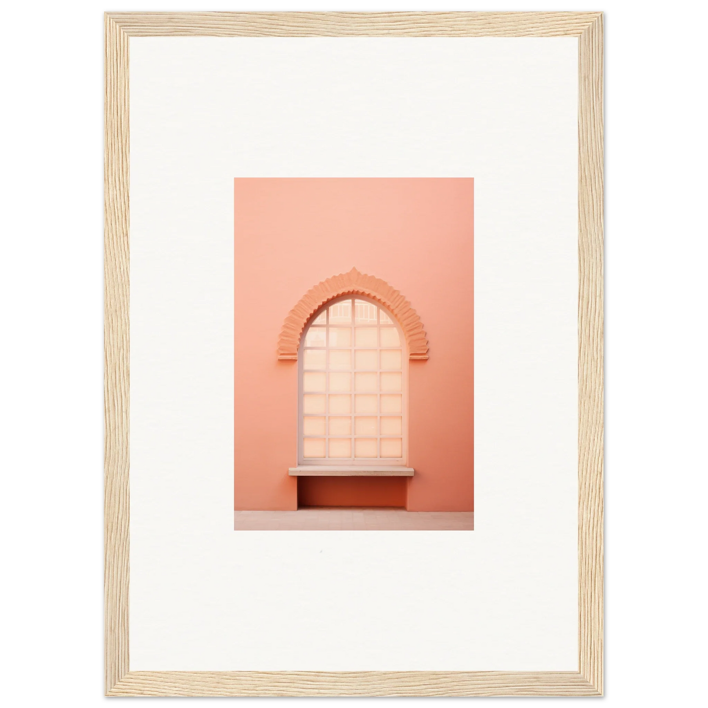 Arched window with gridded panes on a peachy-pink wall - Windows Morning Whisper art