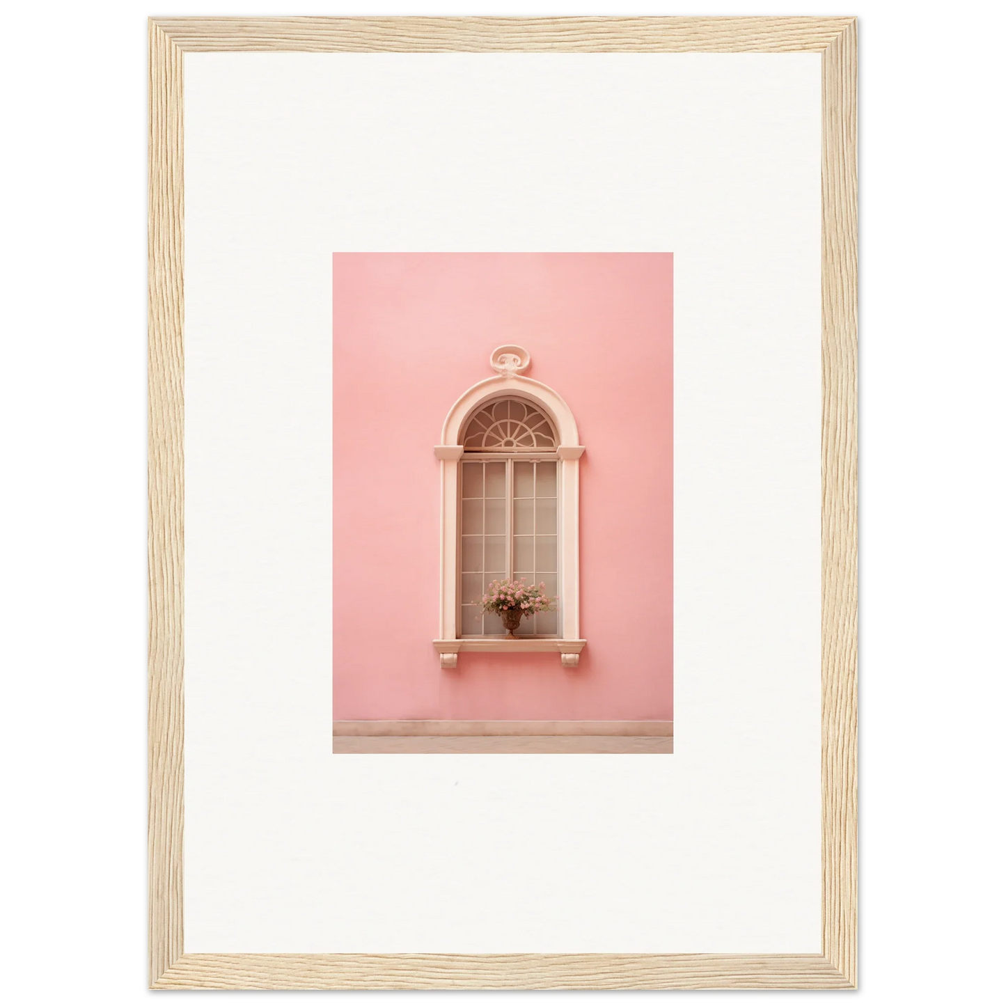 Arched window with ornate details on pink wall, perfect for Pinky Flora Portal decor