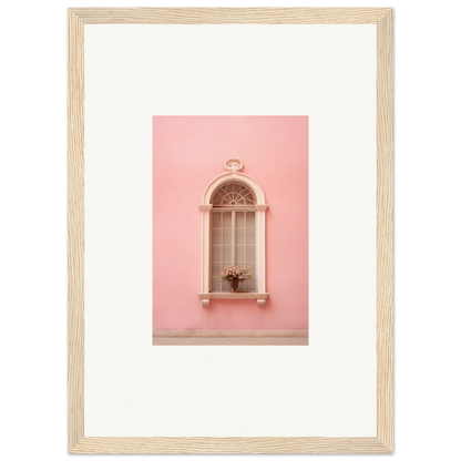 Arched window with ornate details on pink wall, perfect for Pinky Flora Portal decor