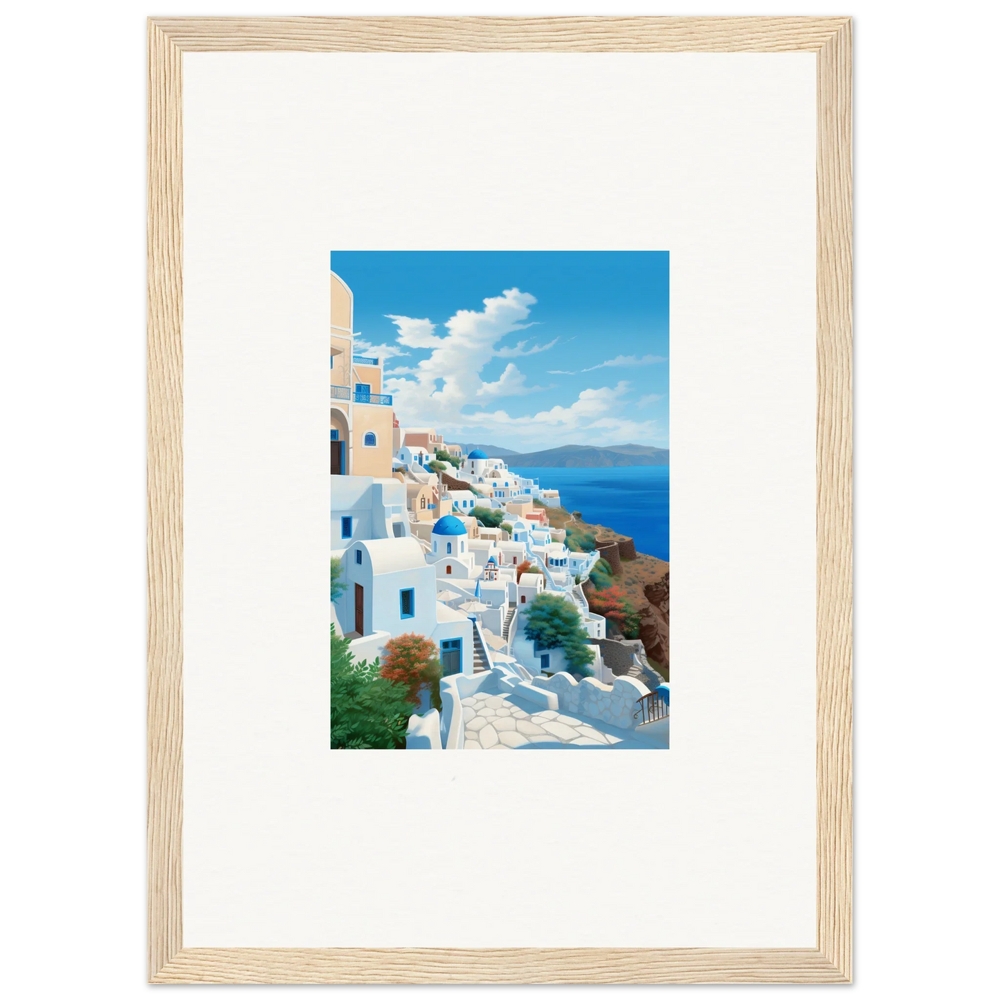 Framed Sunday Stahl Messiração of Santorini’s stunning cliffside white buildings