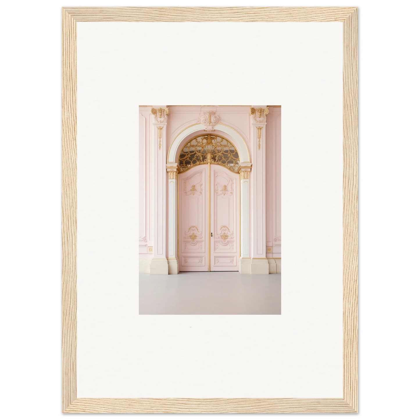 Ornate pink double door with baroque detailing in Regal Must premium framed wall art