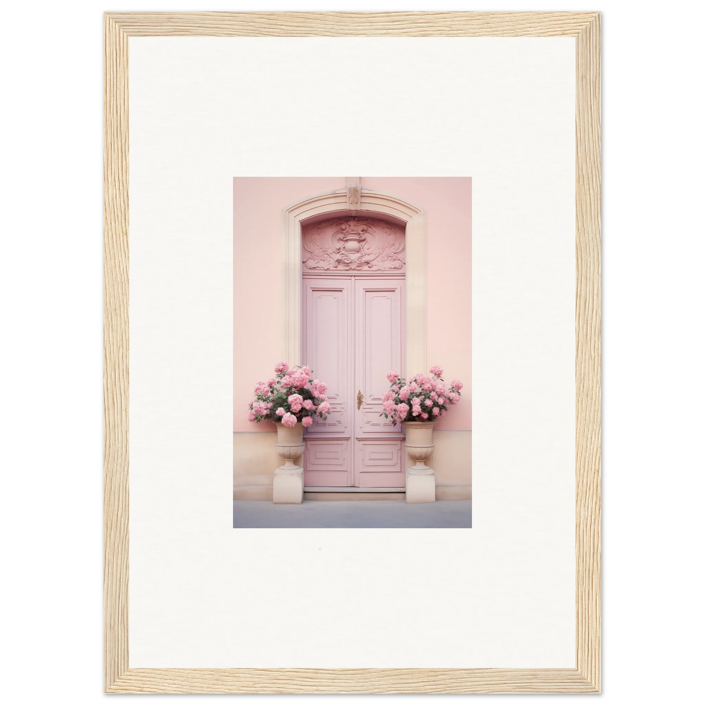 Pink door with ornate details and floral urns for the Rosy Cosmos Gateway art