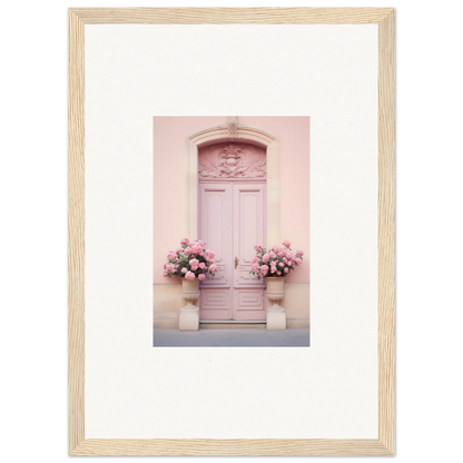 Pink door with ornate details and floral urns for the Rosy Cosmos Gateway art