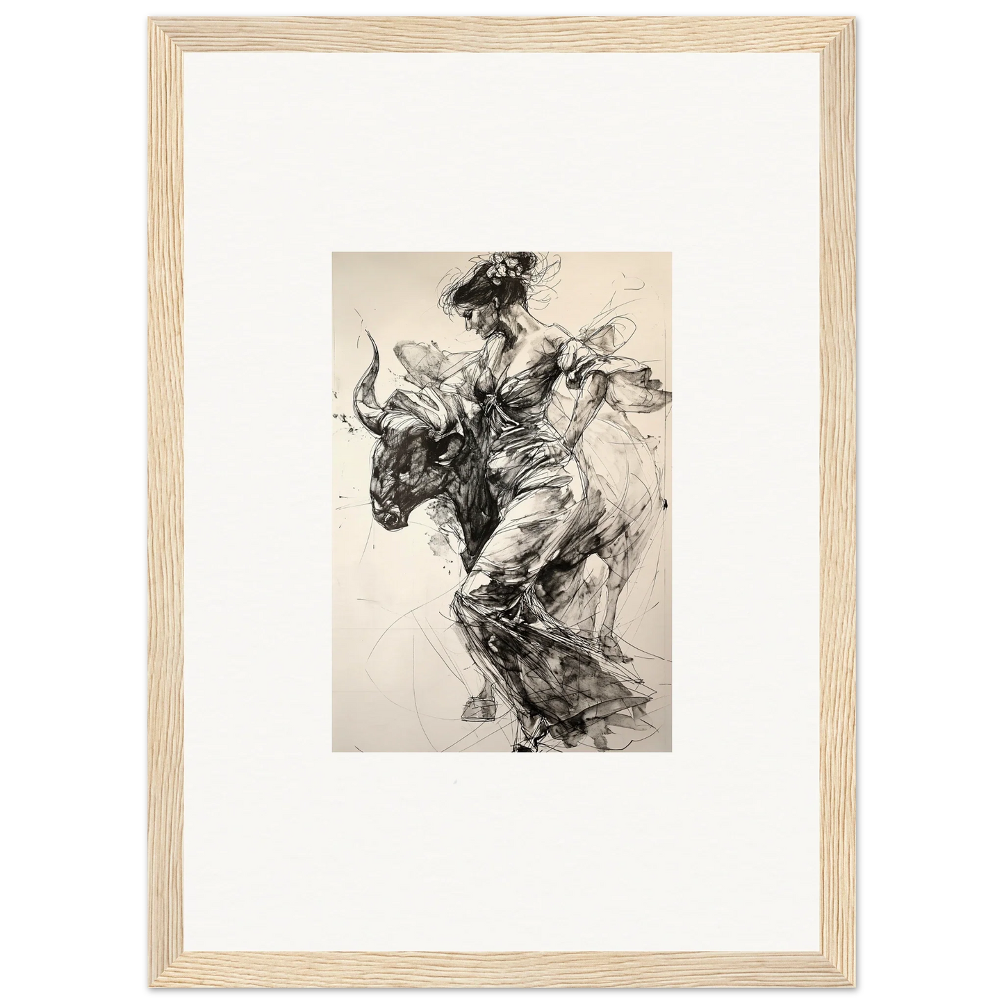 Dynamic black and white sketch of a bull rider for Labyrinthine Spanish Mirage