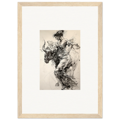 Dynamic black and white sketch of a bull rider for Labyrinthine Spanish Mirage