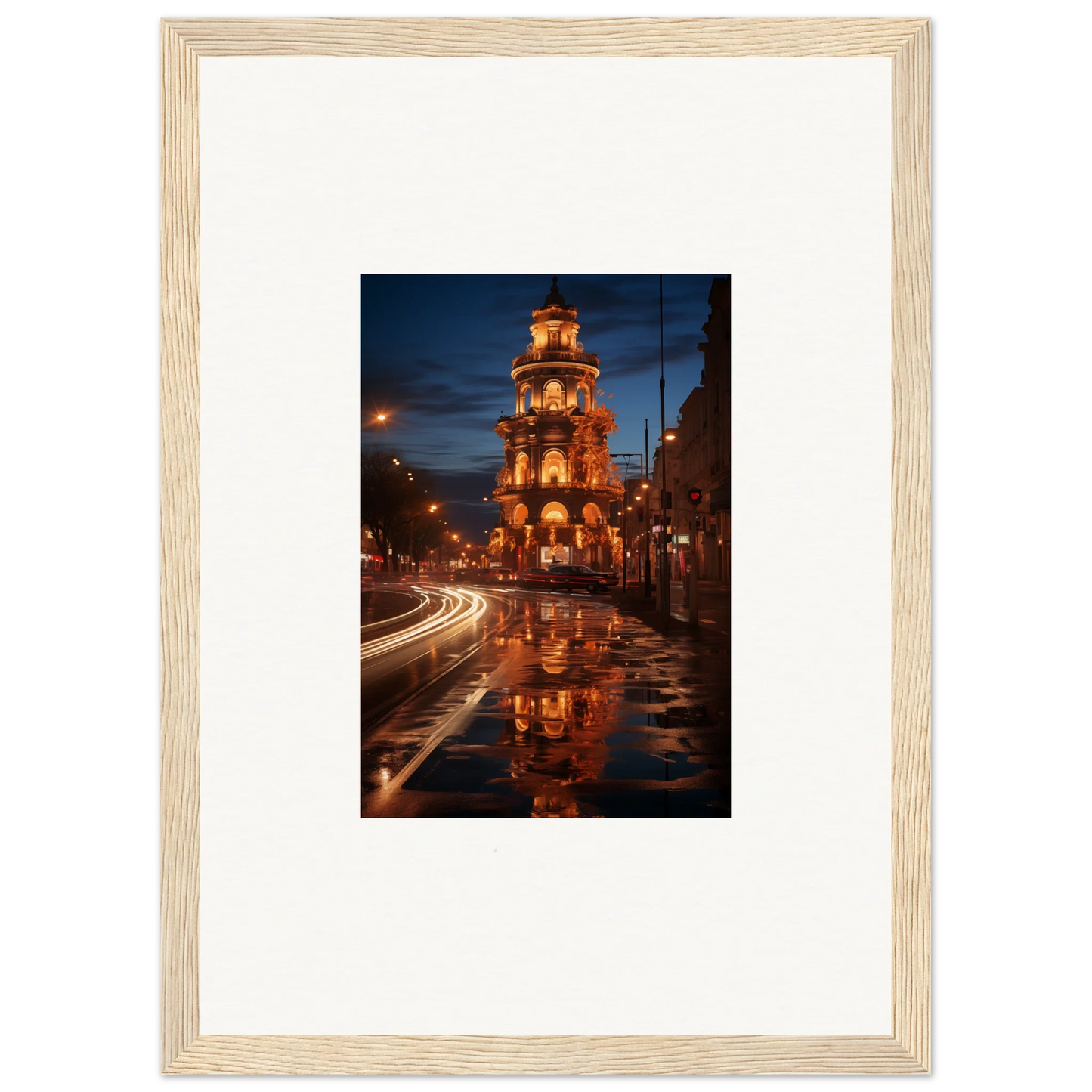 Luminous Neo’ici Dops of an illuminated clock tower reflecting on a wet street at night