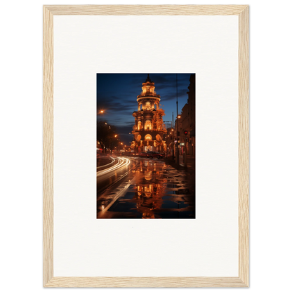 Luminous Neo’ici Dops of an illuminated clock tower reflecting on a wet street at night